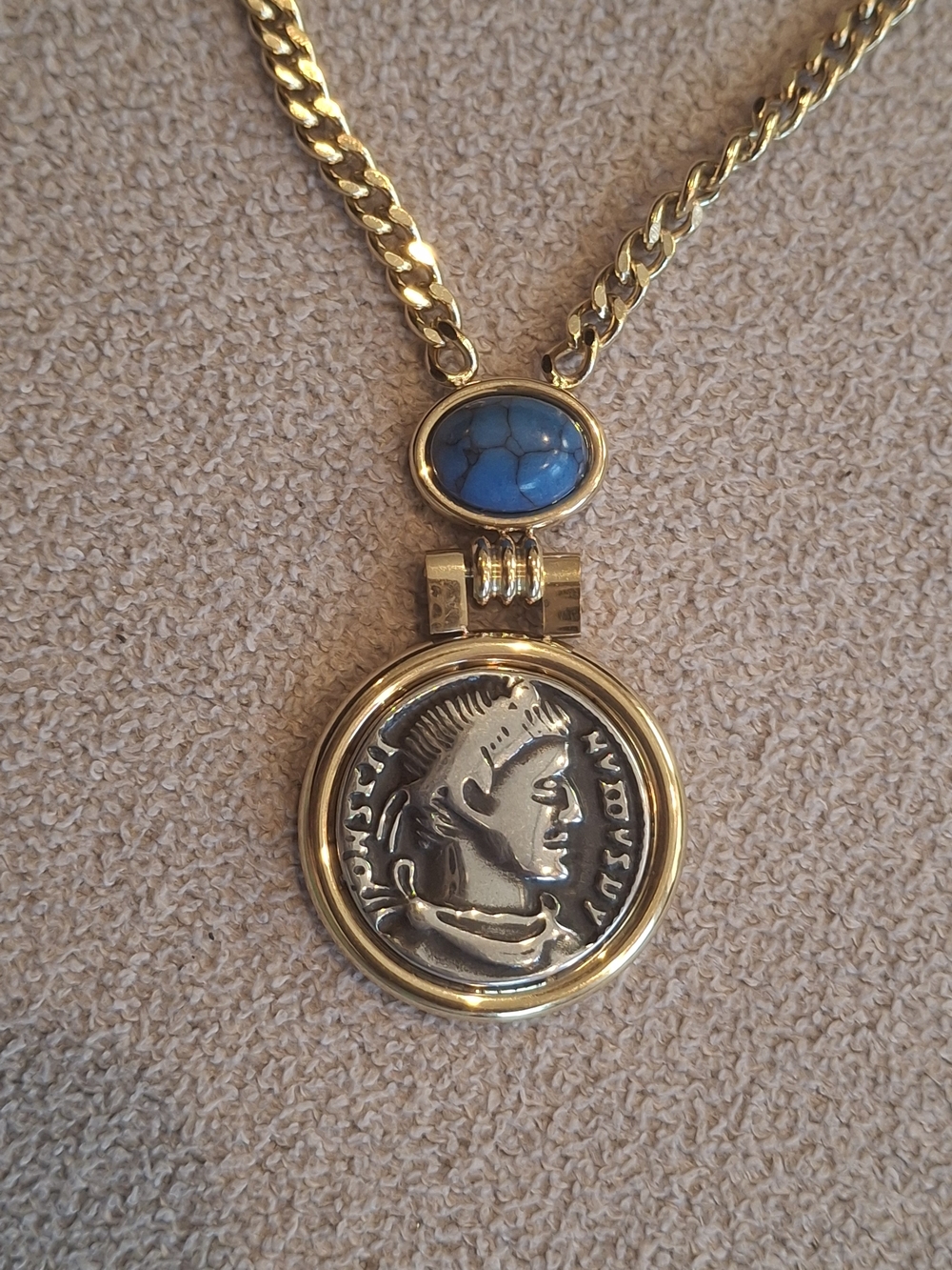 Gold-Tone Pendant Necklace with Blue Stone Accent